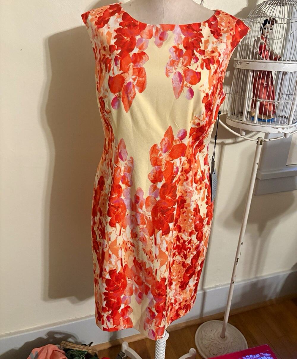 NWT Adrianna Papell Cascading Floral Sheath Dress 10P Coral Orange $118